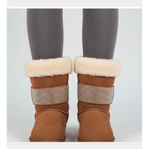 Tan Suede Shearling Boots with Rhinestone Strap Fold Over Cuff